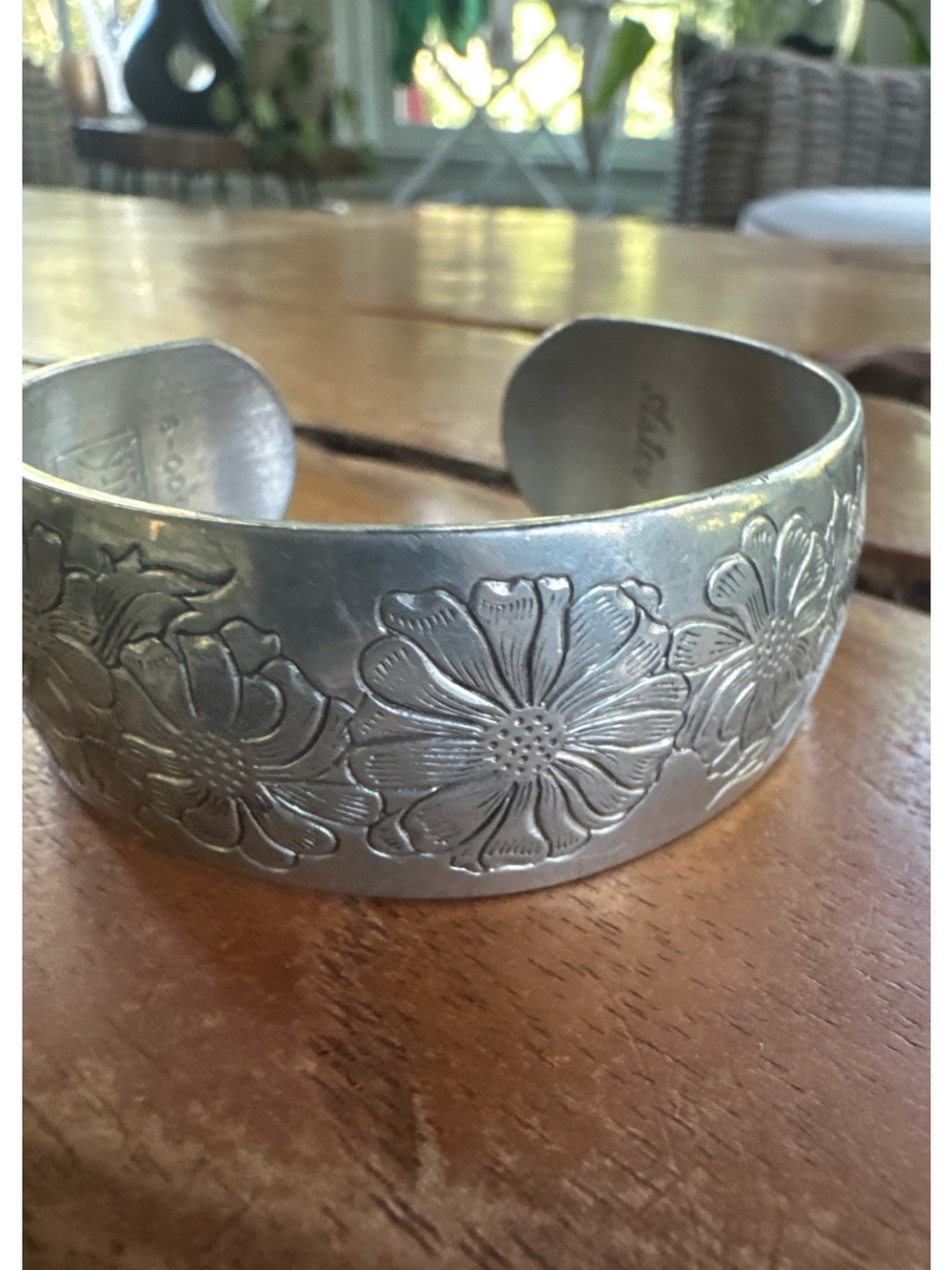 Kirk Stieff Pewter Cosmos Flower of the Month Cuff Bracelet Wide Oct. 900-10 Vtg